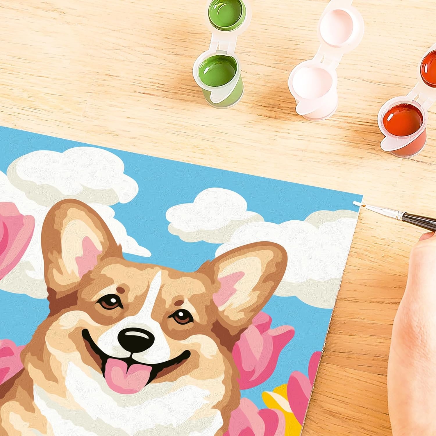image:imageRavensburger CreArt Floral Corgi PaintbyNumber Kit  Complete Set with Brushes amp 13 WaterBased Paints  ColorCoded Outlines  Ages 9