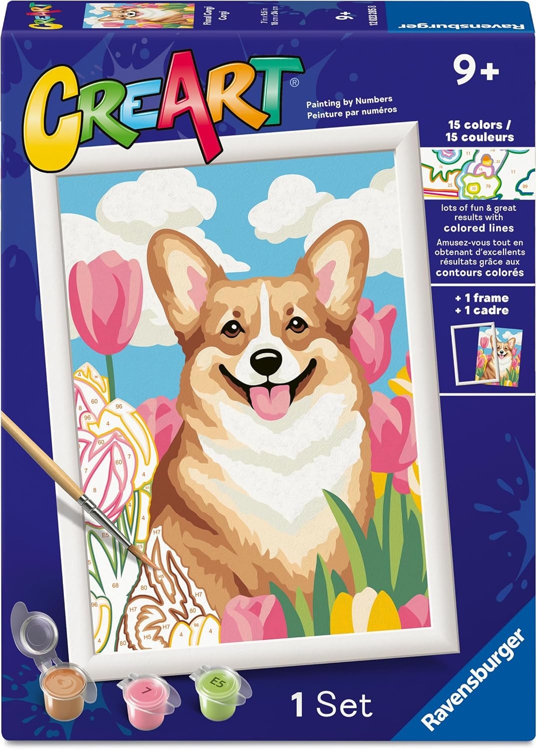 image:imageRavensburger CreArt Floral Corgi PaintbyNumber Kit  Complete Set with Brushes amp 13 WaterBased Paints  ColorCoded Outlines  Ages 9