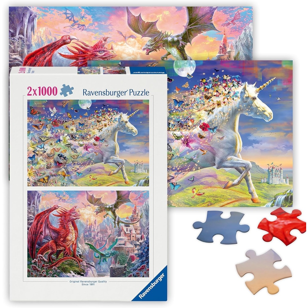 image:imageRavensburger  Unicorns amp Dragons  2 x 1000 Piece Jigsaw Puzzle  1 Graceful Unicorn in Flight  2 Vivid Colors of Mystical Dragons  Ideal Gift  Frameable Art  Puzzles for Adults